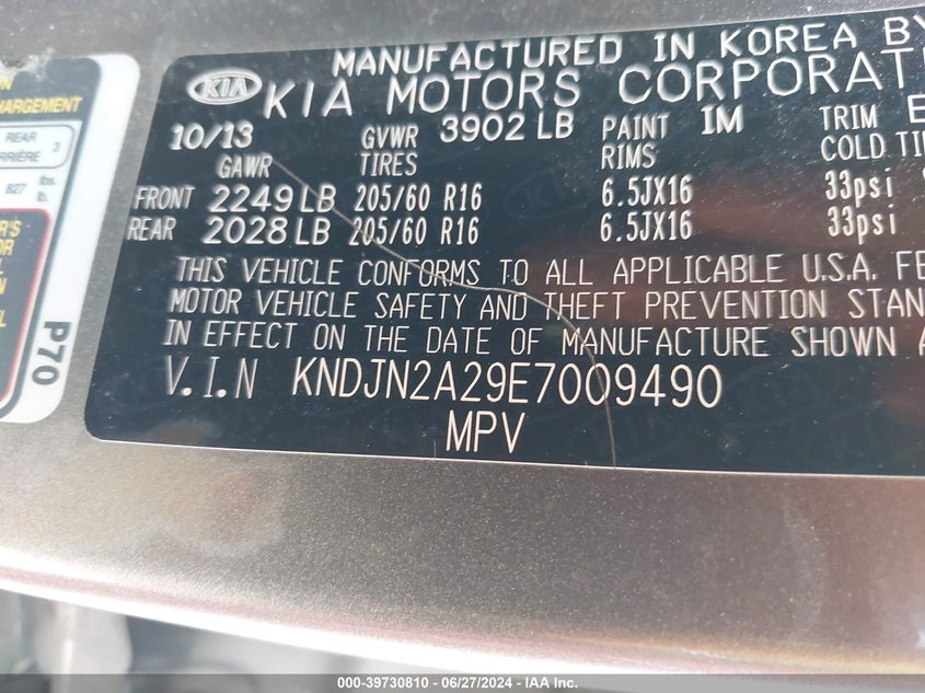 2014 Kia Soul VIN: KNDJN2A29E7009490 Lot: 39730810