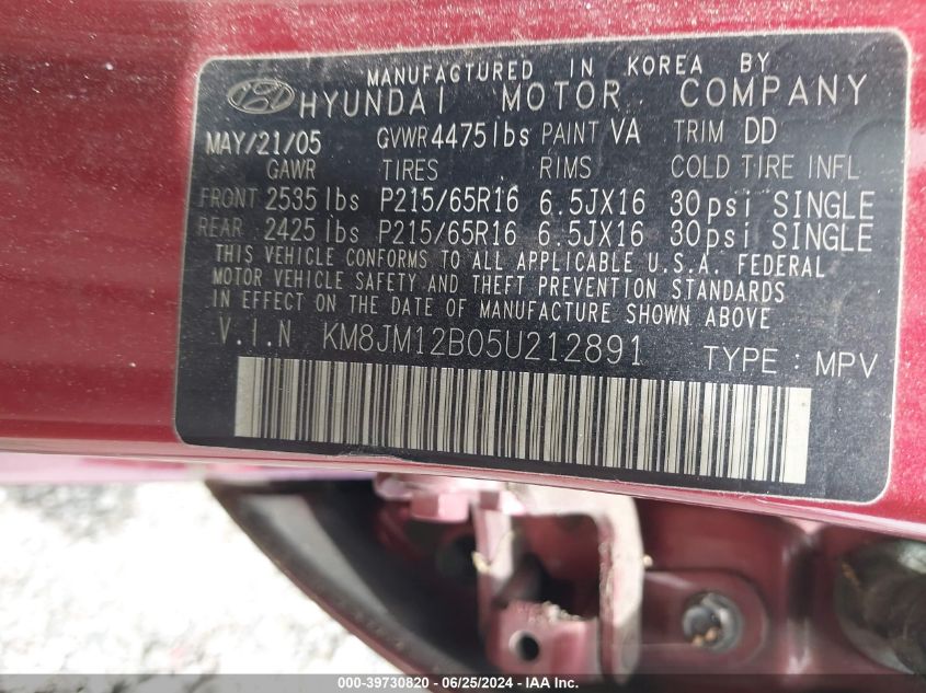 2005 Hyundai Tucson Gl VIN: KM8JM12B05U212891 Lot: 39730820