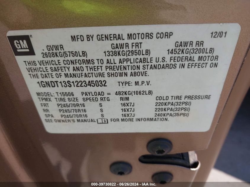 2002 Chevrolet Trailblazer Lt VIN: 1GNDT13S122345032 Lot: 39730822