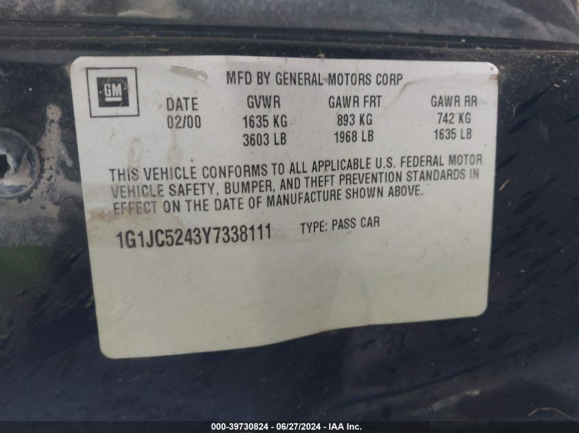 2000 Chevrolet Cavalier VIN: 1G1JC5243Y7338111 Lot: 39730824