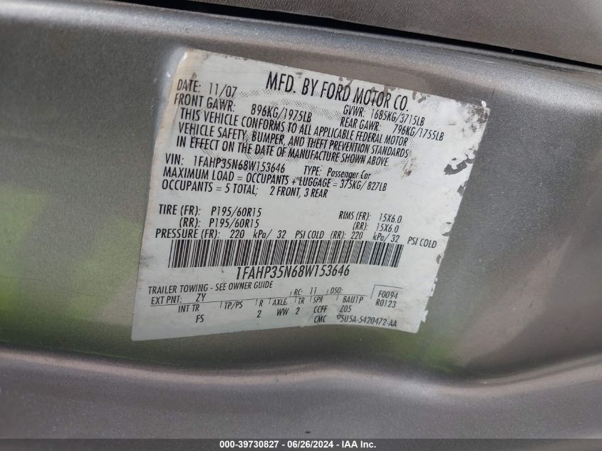 2008 Ford Focus Se/Ses VIN: 1FAHP35N68W153646 Lot: 39730827