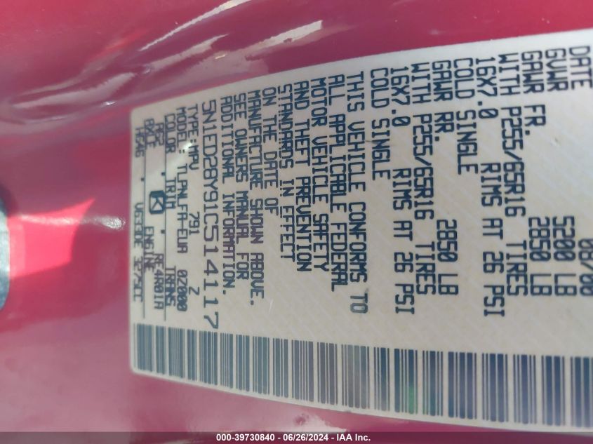 2001 Nissan Xterra Xe/Se VIN: 5N1ED28Y91C514117 Lot: 39730840