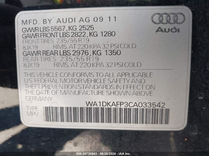 2012 Audi Q5 3.2 Premium Plus VIN: WA1DKAFP3CA033542 Lot: 39730843