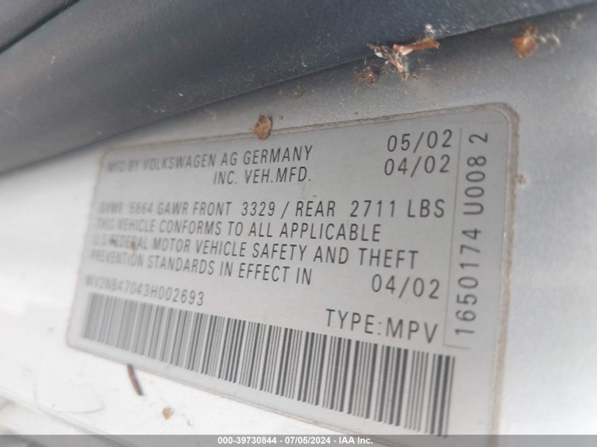 2003 Volkswagen Eurovan Mv VIN: WV2NB47043H002693 Lot: 39730844