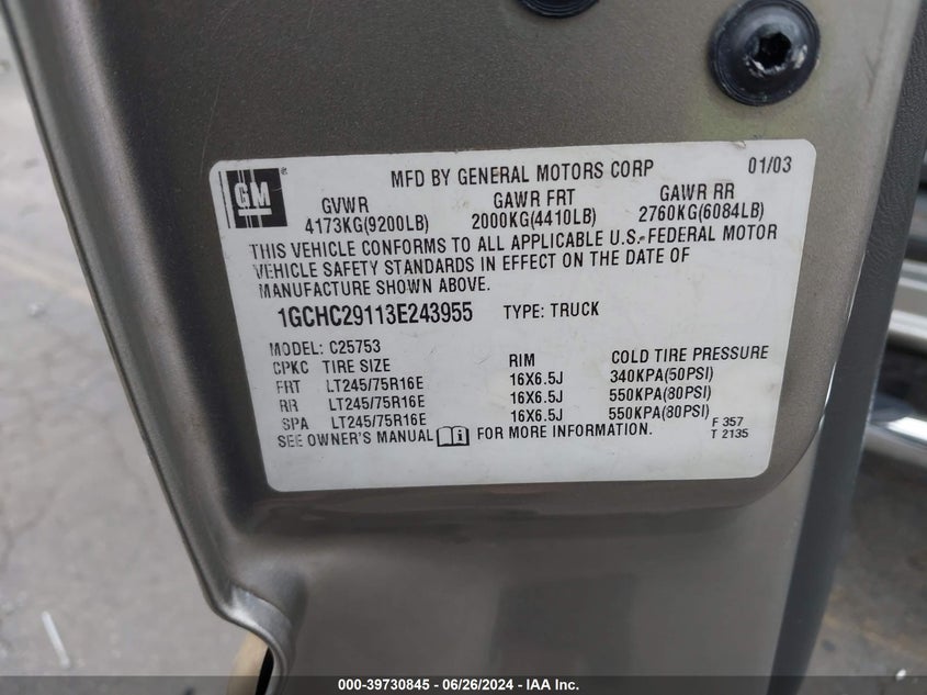 2003 Chevrolet Silverado C2500 Heavy Duty VIN: 1GCHC29113E243955 Lot: 39730845