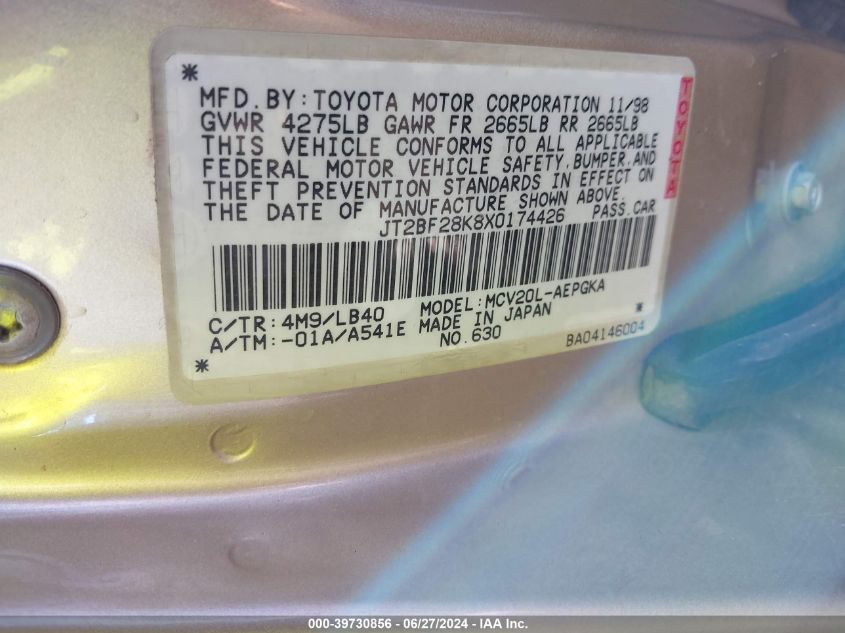 1999 Toyota Camry Xle V6 VIN: JT2BF28K8X0174426 Lot: 39730856