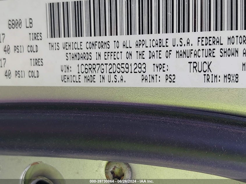 2013 Ram 1500 Slt VIN: 1C6RR7GT2DS591293 Lot: 39730864