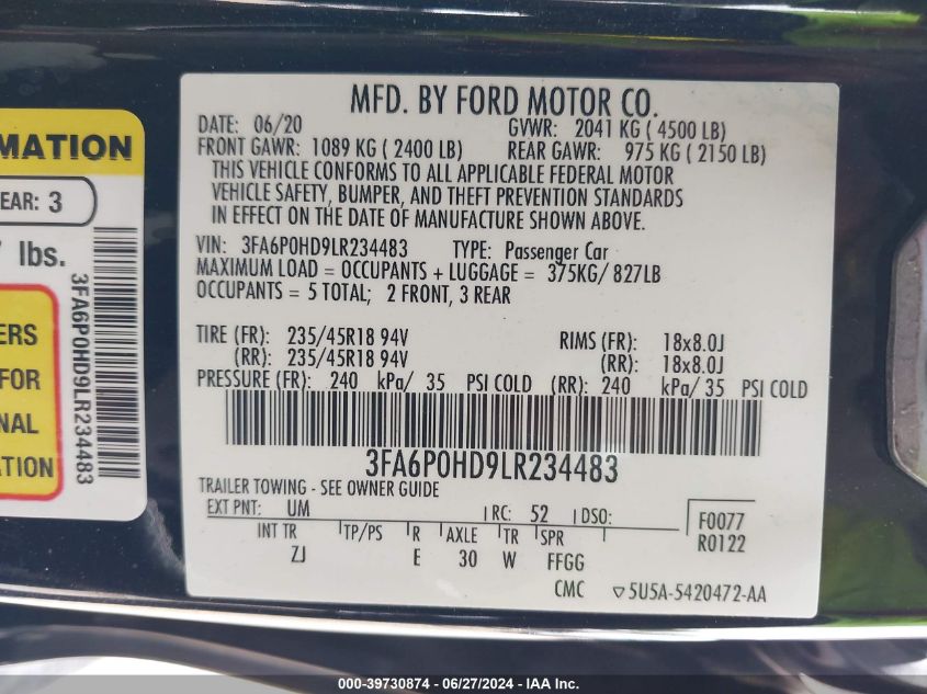 2020 Ford Fusion Se VIN: 3FA6P0HD9LR234483 Lot: 39730874