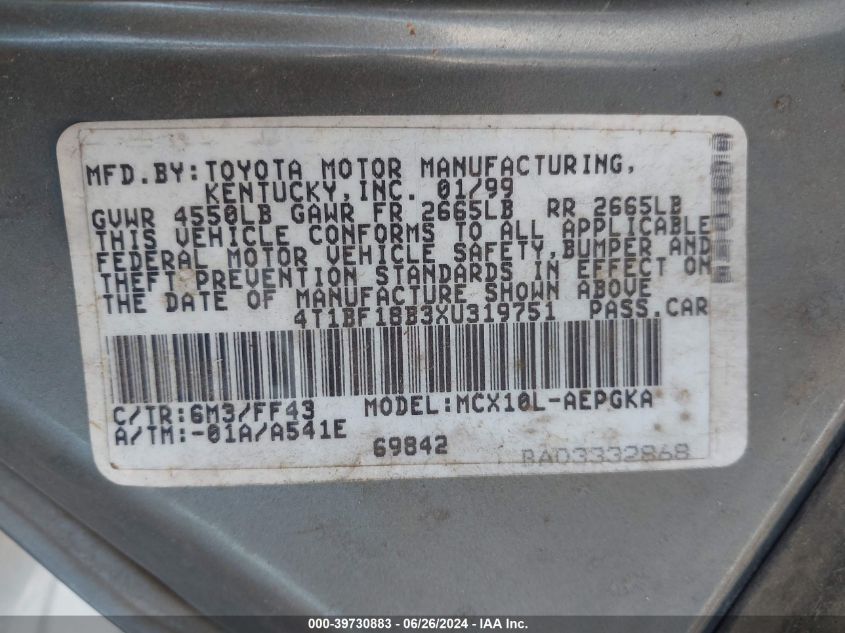 1999 Toyota Avalon Xls VIN: 4T1BF18B3XU319751 Lot: 39730883