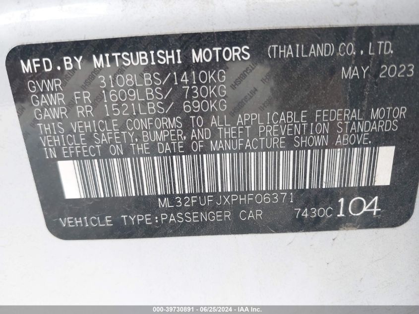 2023 Mitsubishi Mirage G4 Es VIN: ML32FUFJXPHF06371 Lot: 39730891