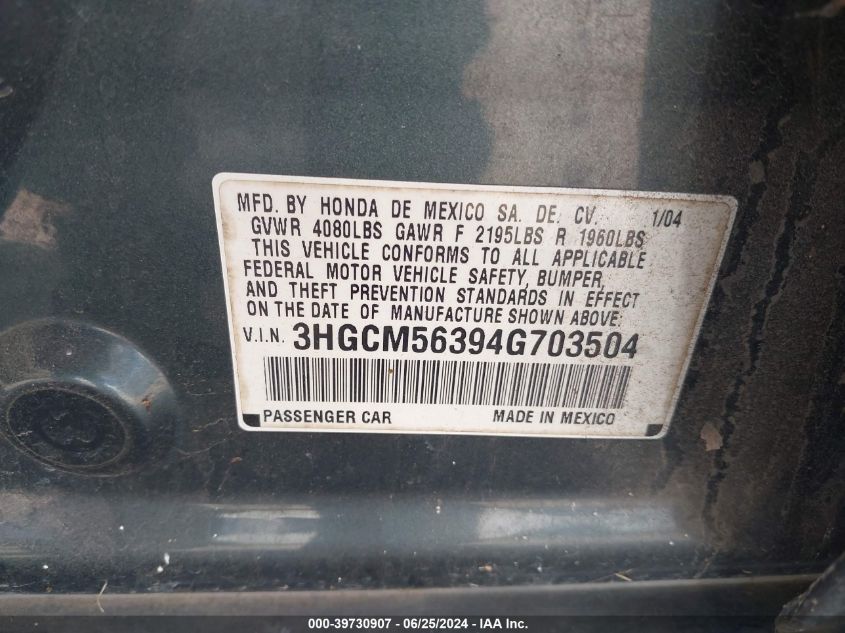 2004 Honda Accord 2.4 Lx VIN: 3HGCM56394G703504 Lot: 39730907