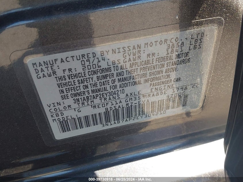 2014 Nissan Sentra Sr VIN: 3N1AB7AP2EY304210 Lot: 39730918