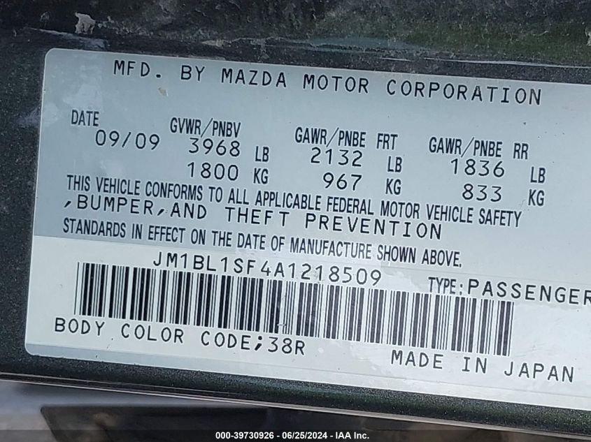 2010 Mazda Mazda3 I Touring VIN: JM1BL1SF4A1218509 Lot: 39730926