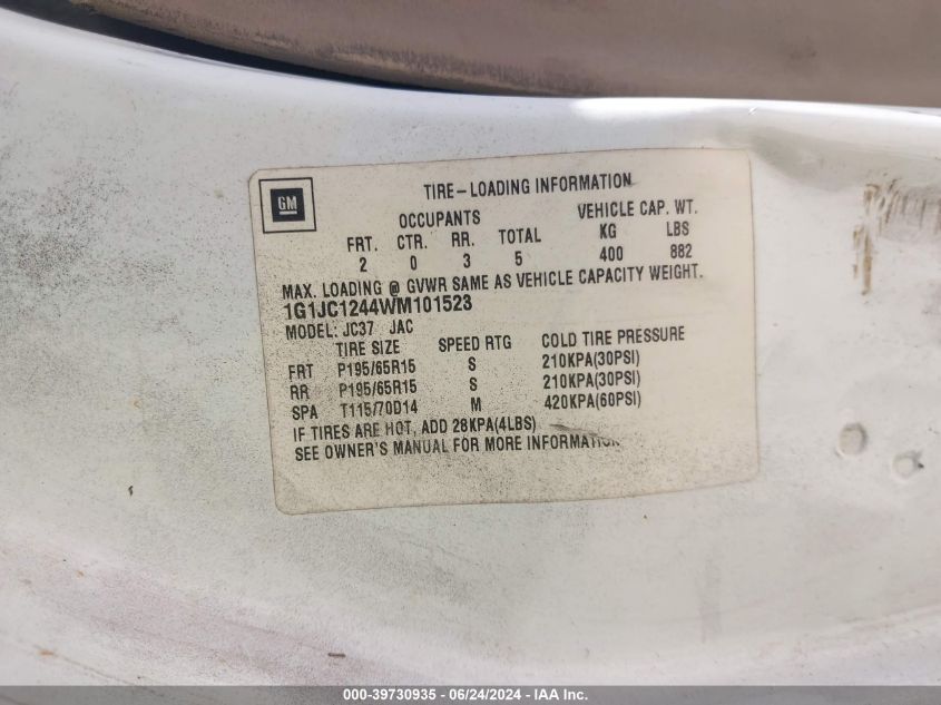 1999 Chevrolet Cavalier VIN: 1G1JC1244X7221127 Lot: 39730935