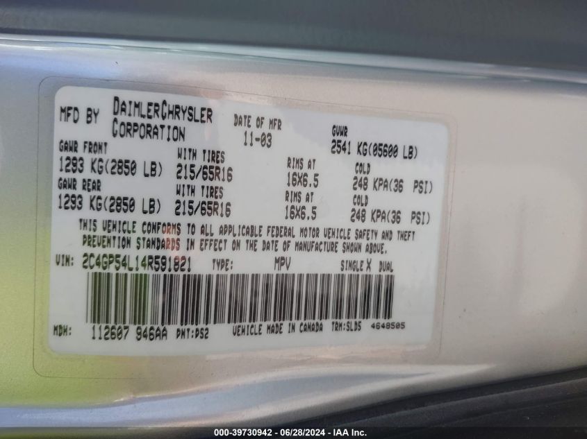 2004 Chrysler Town & Country Touring VIN: 2C4GP54L14R591821 Lot: 39730942