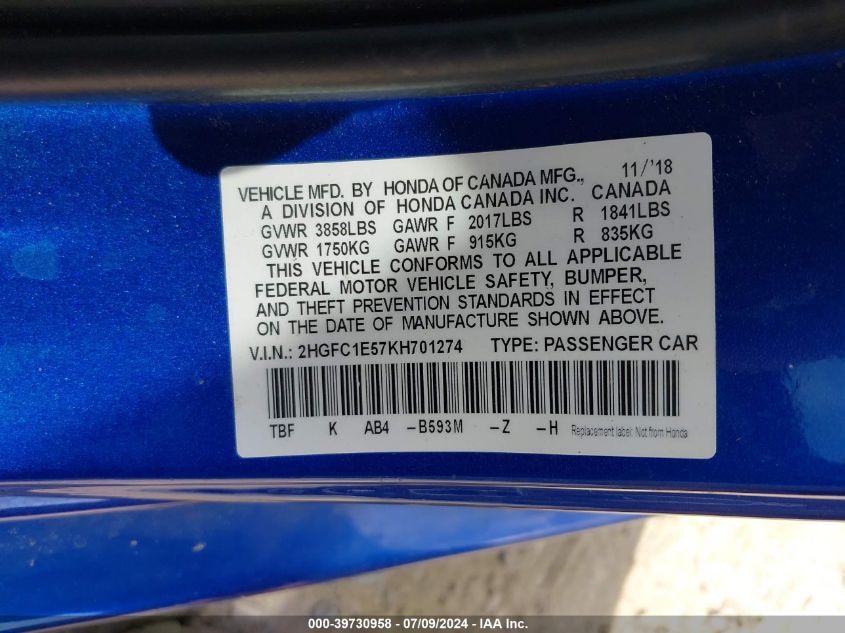 2019 Honda Civic Si VIN: 2HGFC1E57KH701274 Lot: 39730958