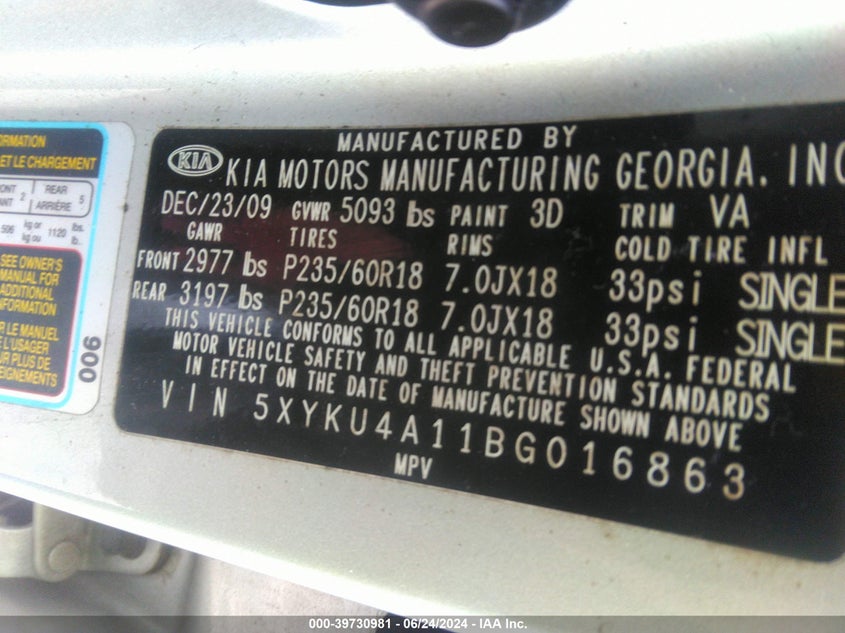 2011 Kia Sorento Ex VIN: 5XYKU4A11BG016863 Lot: 39730981