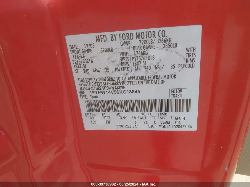 2006 Ford F-150 Fx4/Lariat/Xlt VIN: 1FTPW14V56KC18845 Lot: 39730982