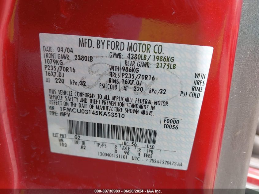 2005 Ford Escape Xlt VIN: 1FMCU03145KA53510 Lot: 39730983