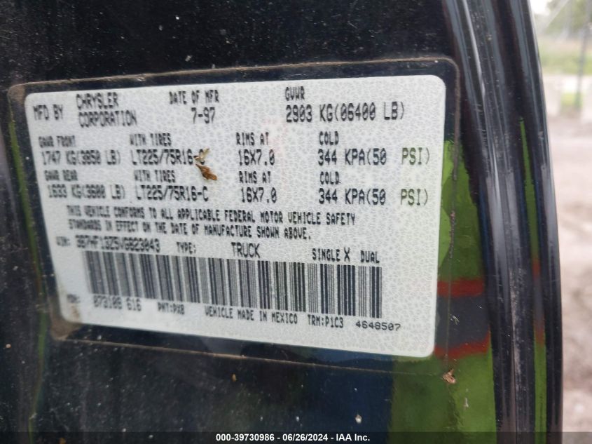 1997 Dodge Ram 1500 VIN: 387HF13Z5VG823043 Lot: 39730986