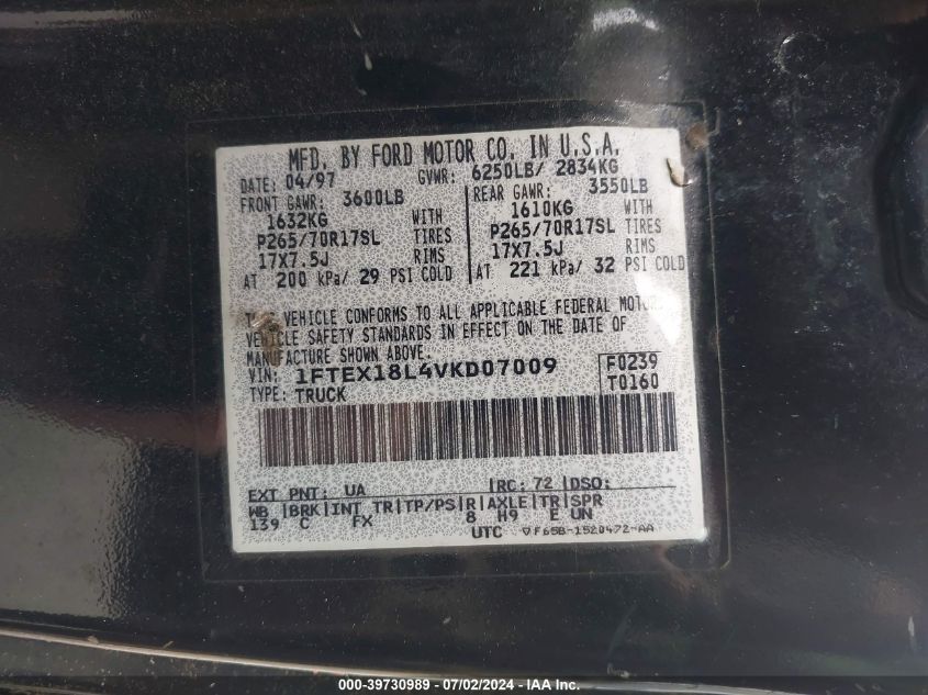 1997 Ford F-150 Lariat/Xl/Xlt VIN: 1FTEX18L4VKD07009 Lot: 39730989