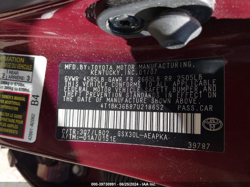 2007 Toyota Avalon Xl/Xls/Touring/Limited VIN: 4T1BK36B87U218652 Lot: 39730991