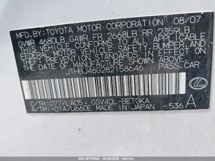 2008 Lexus Es 350 VIN: JTHBJ46G282158646 Lot: 39730993