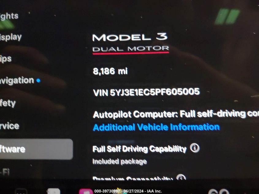 2023 Tesla Model 3 Performance Dual Motor All-Wheel Drive VIN: 5YJ3E1EC5PF605005 Lot: 39730997