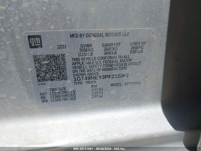2023 GMC Sierra K2500 Sle VIN: 1GT49MEY3PF212962 Lot: 39731001