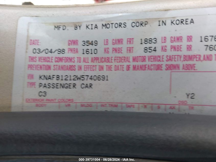 1998 Kia Sephia Ls VIN: KNAFB1212W5740691 Lot: 39731004