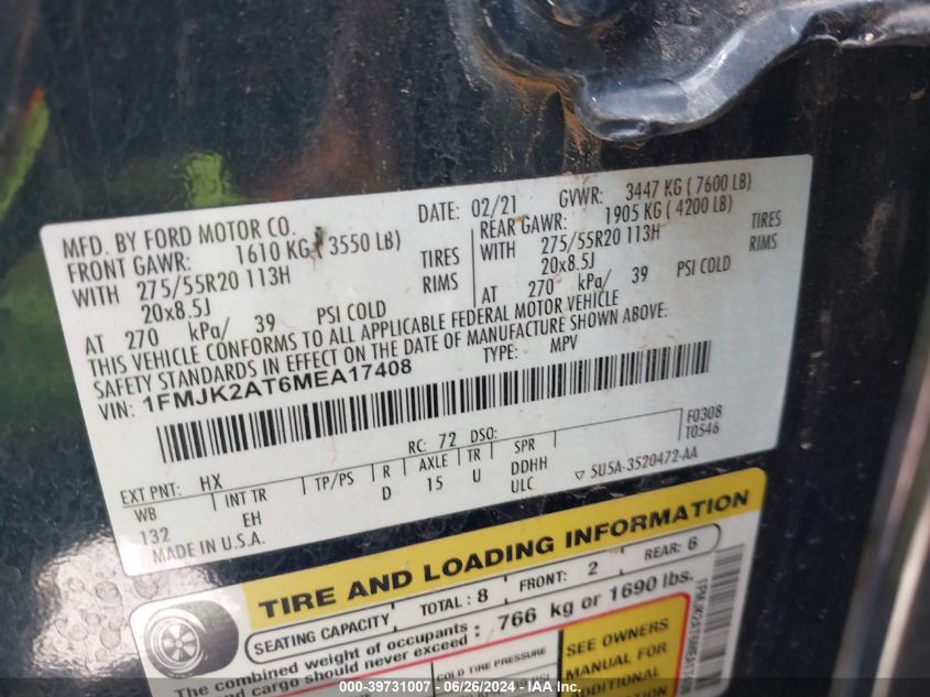 2021 Ford Expedition Max Limited VIN: 1FMJK2AT6MEA17408 Lot: 39731007