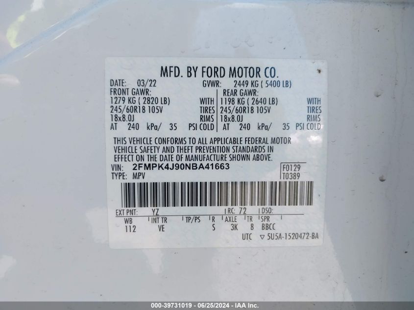 2022 Ford Edge Sel VIN: 2FMPK4J90NBA41663 Lot: 39731019