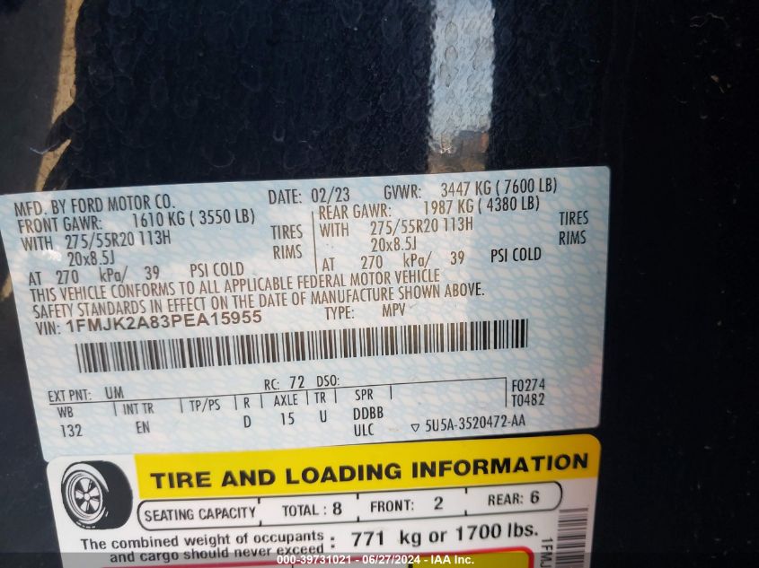 2023 Ford Expedition Max Limited VIN: 1FMJK2A83PEA15955 Lot: 39731021