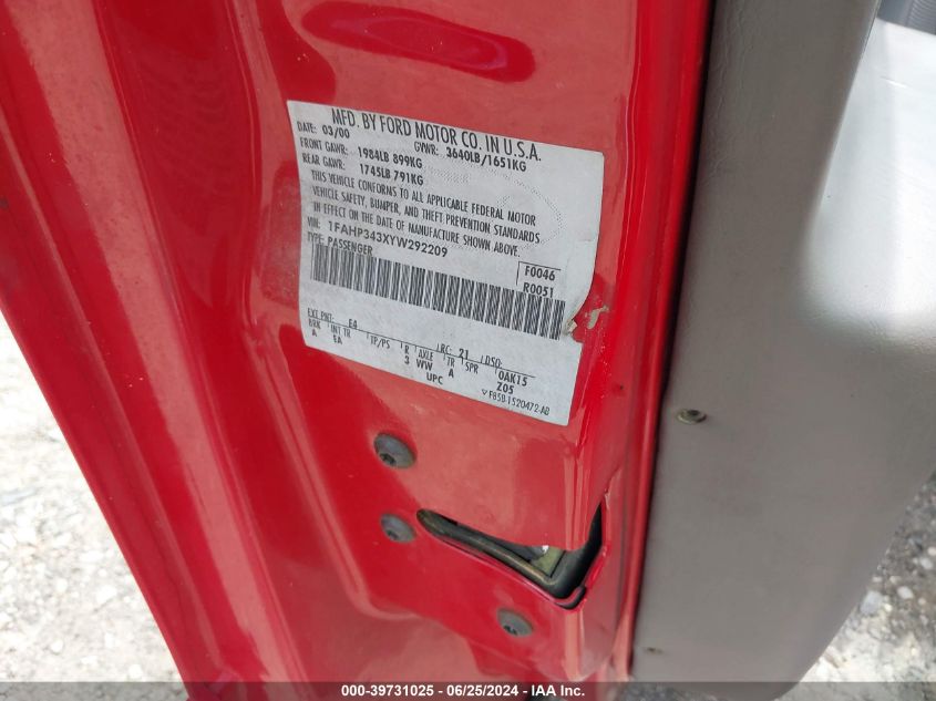 2000 Ford Focus Se VIN: 1FAHP343XYW292209 Lot: 39731025