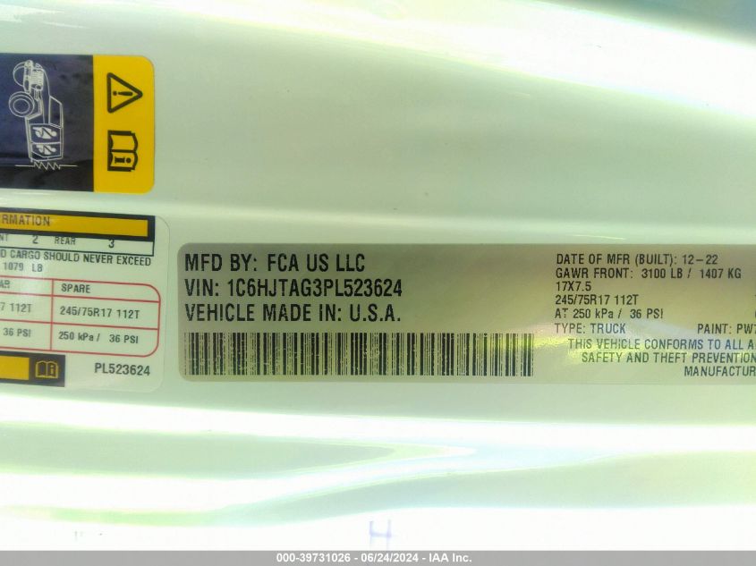 2023 Jeep Gladiator Sport S 4X4 VIN: 1C6HJTAG3PL523624 Lot: 39731026