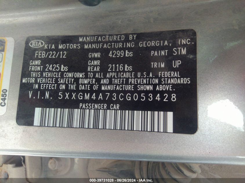 2012 Kia Optima Lx VIN: 5XXGM4A73CG053428 Lot: 39731028