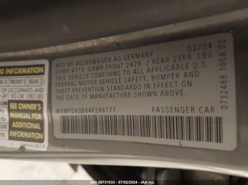 2004 Volkswagen Passat Gls VIN: WVWPD63B64P246177 Lot: 39731033
