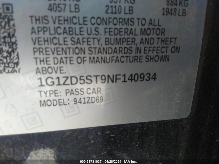 2022 Chevrolet Malibu Lt VIN: 1G1ZD5ST9NF140934 Lot: 39731037