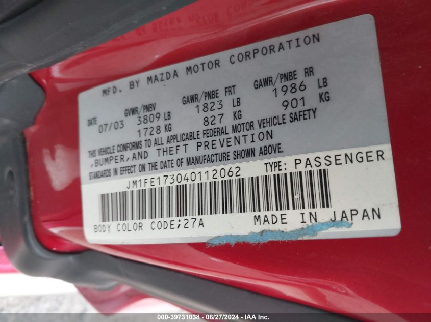 2004 Mazda Rx8 VIN: JM1FE173040112062 Lot: 39731038