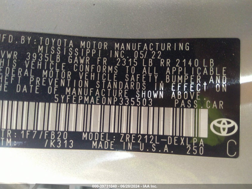 2022 TOYOTA COROLLA LE - 5YFEPMAE0NP335503