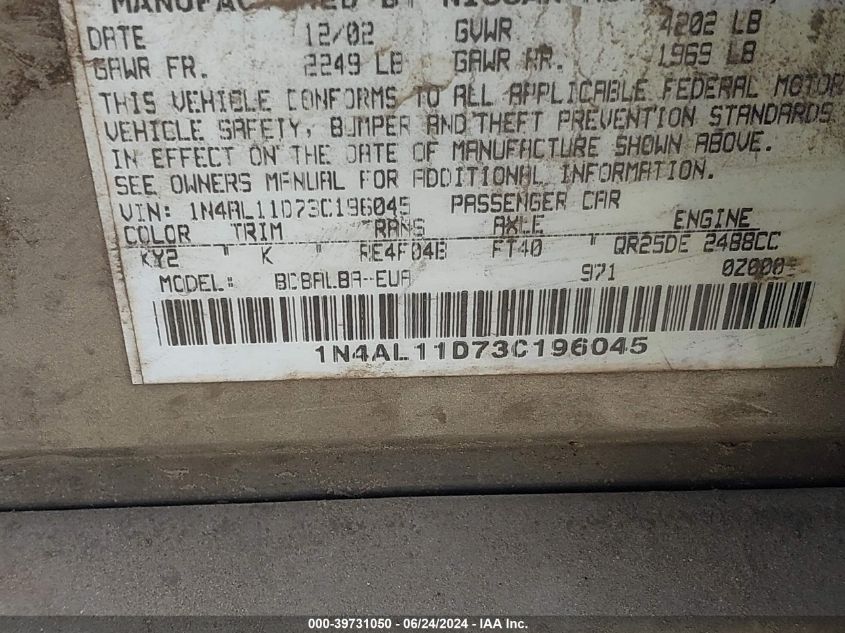 2003 Nissan Altima 2.5 S VIN: 1N4AL11D73C196045 Lot: 39731050