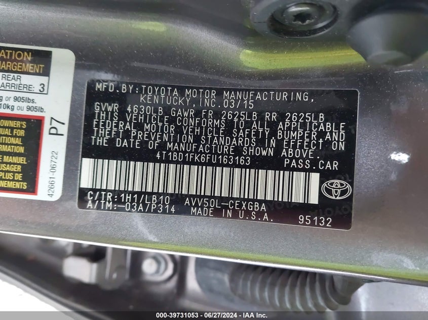 2015 Toyota Camry Hybrid Xle VIN: 4T1BD1FK6FU163163 Lot: 39731053