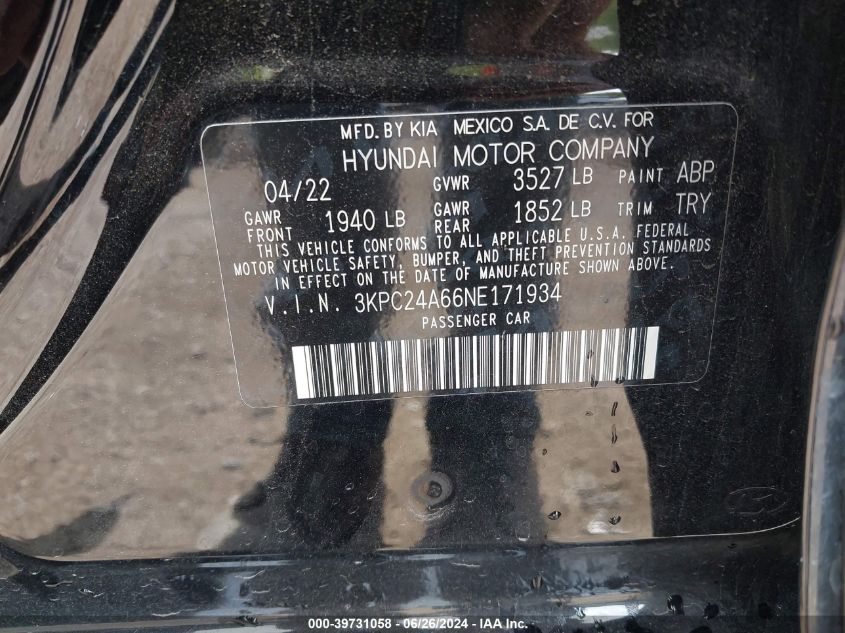 2022 Hyundai Accent Se VIN: 3KPC24A66NE171934 Lot: 39731058
