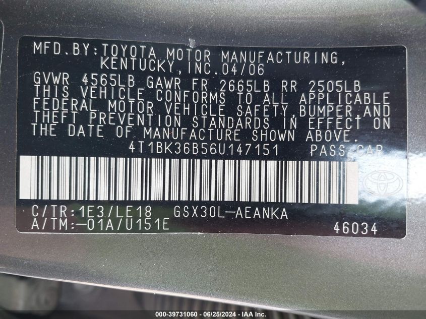 2006 Toyota Avalon Touring VIN: 4T1BK36B56U147151 Lot: 39731060