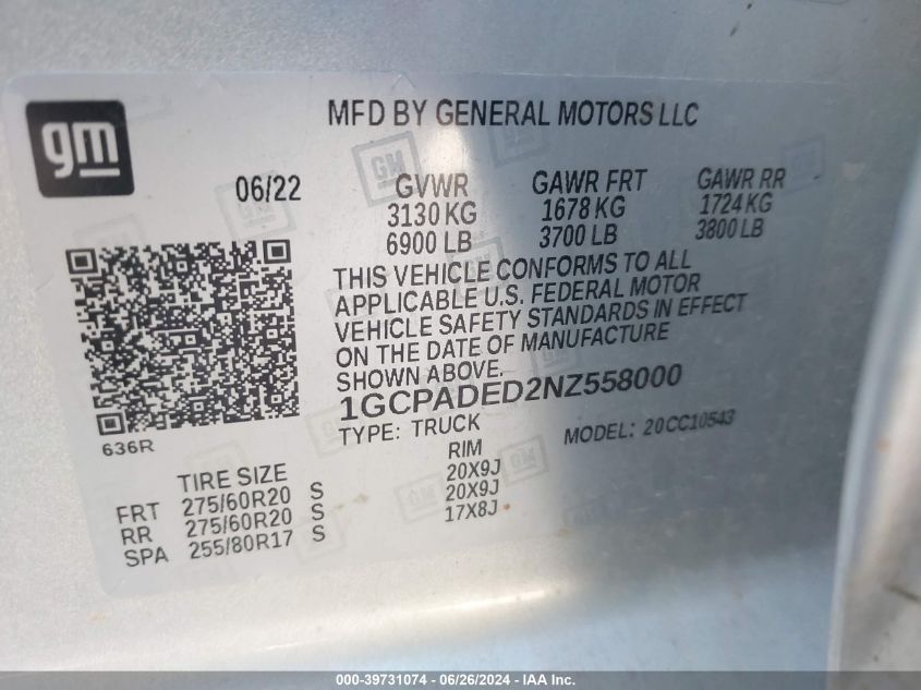 2022 Chevrolet Silverado C1500 Rst VIN: 1GCPADED2NZ558000 Lot: 39731074