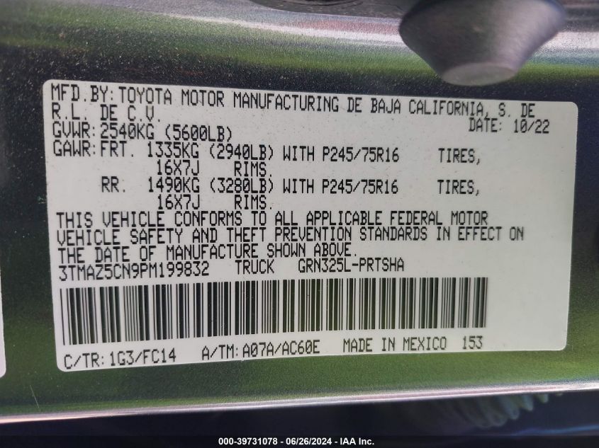 2023 Toyota Tacoma Sr5 V6 VIN: 3TMAZ5CN9PM199832 Lot: 39731078