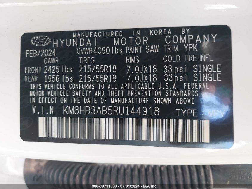 2024 Hyundai Kona Sel VIN: KM8HB3AB5RU144918 Lot: 39731080