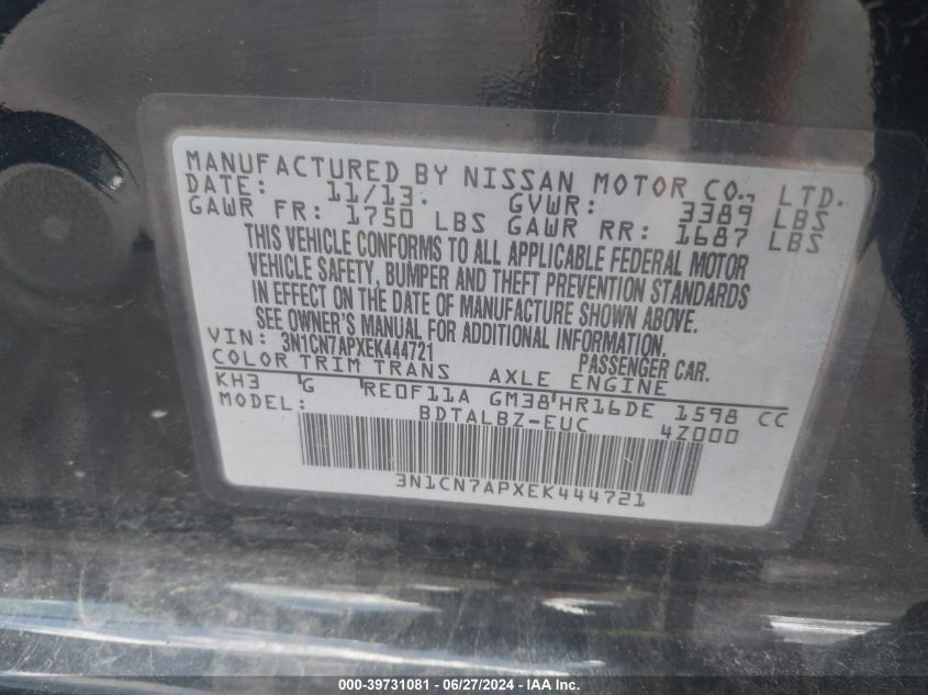 2014 Nissan Versa 1.6 Sv VIN: 3N1CN7APXEK444721 Lot: 39731081