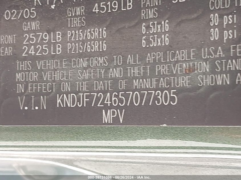 2005 Kia Sportage Lx VIN: KNDJF724657077305 Lot: 39731086