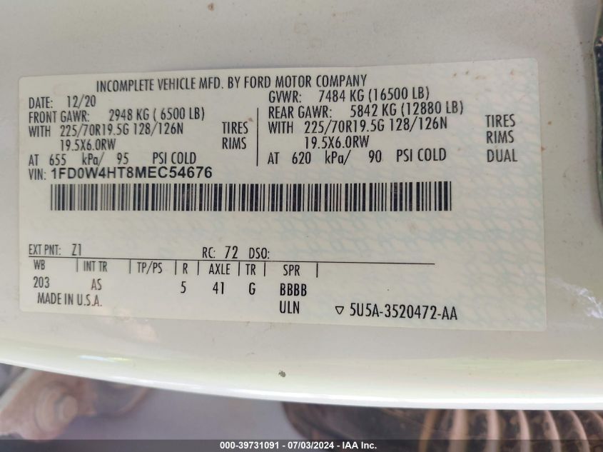 2021 Ford F450 Super Duty VIN: 1FD0W4HT8MEC54676 Lot: 39731091